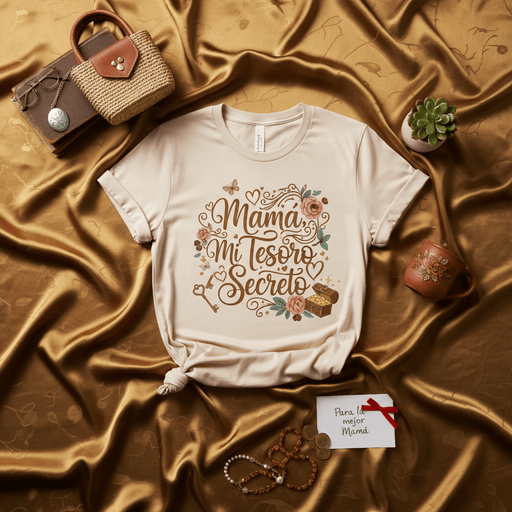 Mamá Mi Tesoro Secreto Camiseta Unisex Día de la Madre Regalo para Mamá Española T-Shirt Floral Corazones Mariposa Clave Cofre del Tesoro Mexicada