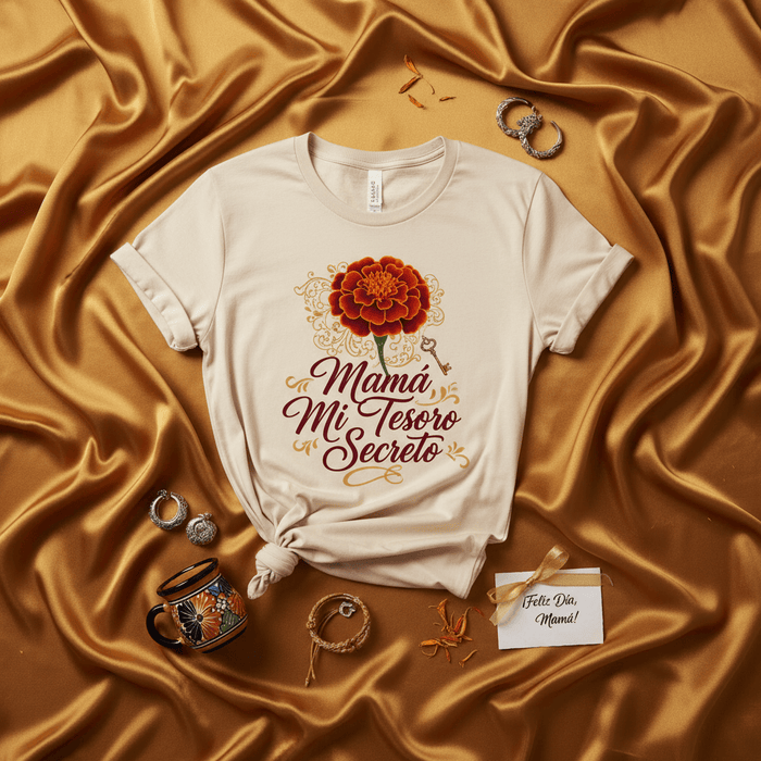 Mamá Mi Tesoro Secreto Marigold Flower T-Shirt, Día de la Madre Gift Tee, Spanish Mother's Day Shirt, Unisex Graphic T-shirt with Key and Floral Design Mexicada