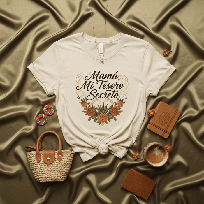 Mamá Mi Tesoro Secreto T-Shirt Corazón Floral, Camiseta Regalo del Día de la Madre, Spanish Mom Secret Treasure Tee, Ropa para Mami Hispana Latína, Regalo Cumpleaños Mujer Mexicada