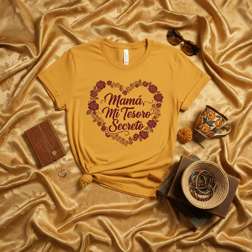 Mamá Mi Tesoro Secreto T-Shirt, Mother's Day Gift for Mom, Floral Heart Spanish Tee, Día de las Madres Present, Spanish Language Shirt, Gold Mustard Yellow Unisex Top for Mother, Latina Mom Gift Idea for Her Mexicada