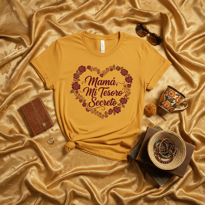 Mamá Mi Tesoro Secreto T-Shirt, Mother's Day Gift for Mom, Floral Heart Spanish Tee, Día de las Madres Present, Spanish Language Shirt, Gold Mustard Yellow Unisex Top for Mother, Latina Mom Gift Idea for Her Mexicada