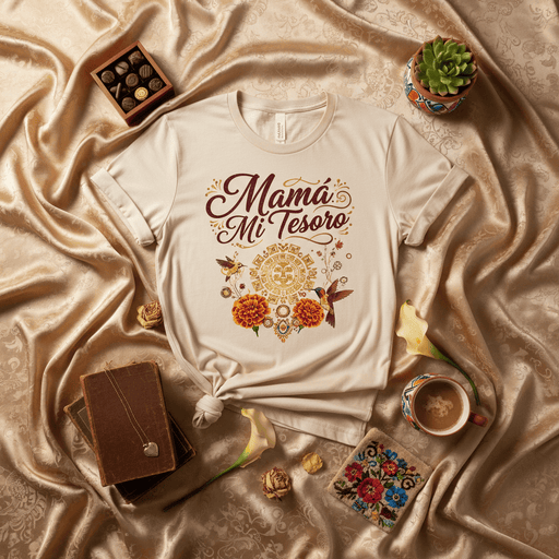 Mamá Mi Tesoro Shirt, Día de Muertos T-Shirt, Mexican Aztec Calendar Sun Stone, Monarch Butterflies, Marigold Flowers, Hispanic Heritage Month Gift, Latina Mom T-shirt, Mama Treasure Tee Mexicada