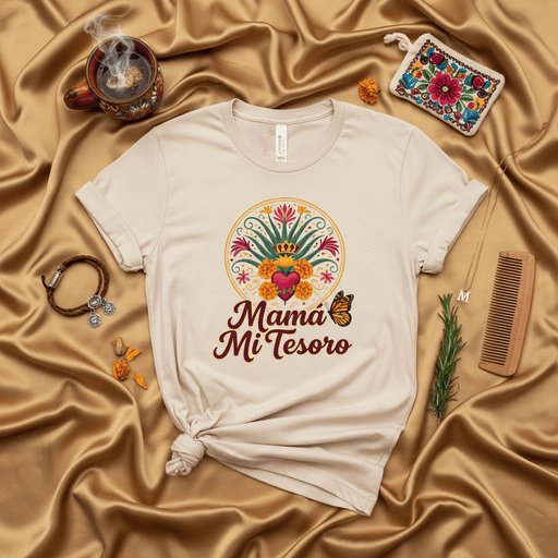 Mamá Mi Tesoro Shirt, Mother's Day Gift, Corazón Sagrado, Sacred Heart Mexican Flowers, Monarch Butterfly Tee, Hispanic Mom Gift, Día de las Madres, Spanish Language T-Shirt, Mexico Inspired Apparel, Cultural Artwork Graphic Tee Mexicada