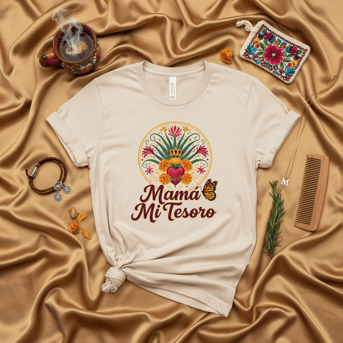 Mamá Mi Tesoro Shirt, Mother's Day Gift, Corazón Sagrado, Sacred Heart Mexican Flowers, Monarch Butterfly Tee, Hispanic Mom Gift, Día de las Madres, Spanish Language T-Shirt, Mexico Inspired Apparel, Cultural Artwork Graphic Tee Mexicada
