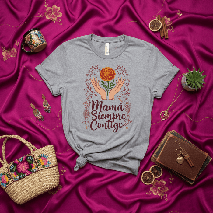 Mamá Siempre Contigo Marigold Flower Day of the Dead Shirt, Traditional Mexican Art Hands Holding Cempasúchil T-Shirt, Día de Muertos Unisex Tee Gift Mexicada