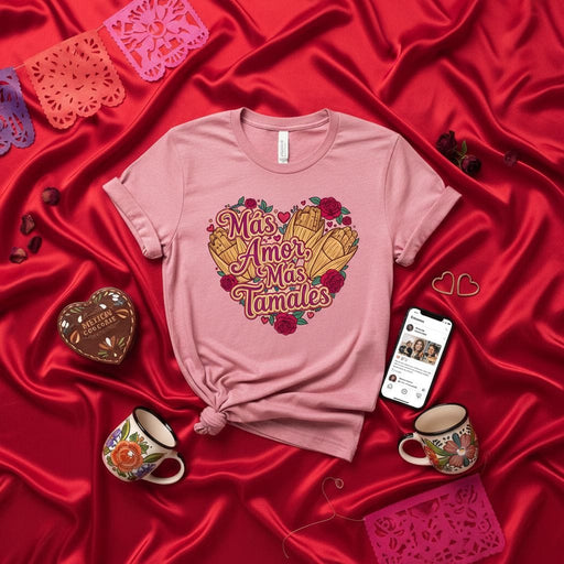 Más Amor Más Tamales T-Shirt, Heart Graphic Tee with Tamales and Roses, Funny Foodie Shirt for Mexican Culture Lovers, Unisex Short Sleeve Shirt Mexicada