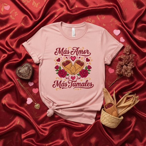 Más Amor Más Tamales T-Shirt Unisex Valentine's Day Shirt Tamale Lover Gift Spanish Phrase Tee Short Sleeve Top Pink Red Hearts Roses Foodie Fiesta Love Apparel Mexicada