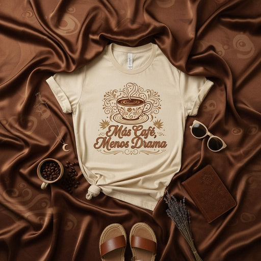Más Café Menos Drama Tee, Spanish Coffee Lover T-Shirt, Beige Graphic Shirt with Cup Design, Funny Coffee Quote Shirt, Hispanic Gift Idea Mexicada