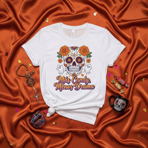 Más Candy Menos Drama Day of the Dead Sugar Skull T-Shirt, Unisex Halloween Marigold Calavera Tee, Funny Spanglish Trick or Treat Ghost Graphic Shirt Mexicada