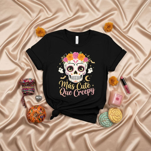 Más Cute Que Creepy Sugar Skull Day of the Dead Shirt, Women's Floral Calavera T-Shirt, Cute Halloween Dia de Muertos Tee, Unisex Graphic Shirt with Ghosts & Flowers Mexicada