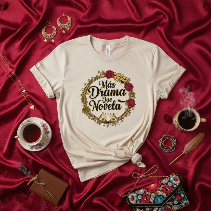 Más Drama Que Novela T-Shirt, Spanish Quote Tee, Drama Queen Shirt, Novela Lover Gift, Funny Telenovela Fan Apparel, Unisex Graphic Shirt, Red Roses, Theater Masks, Book Design Mexicada