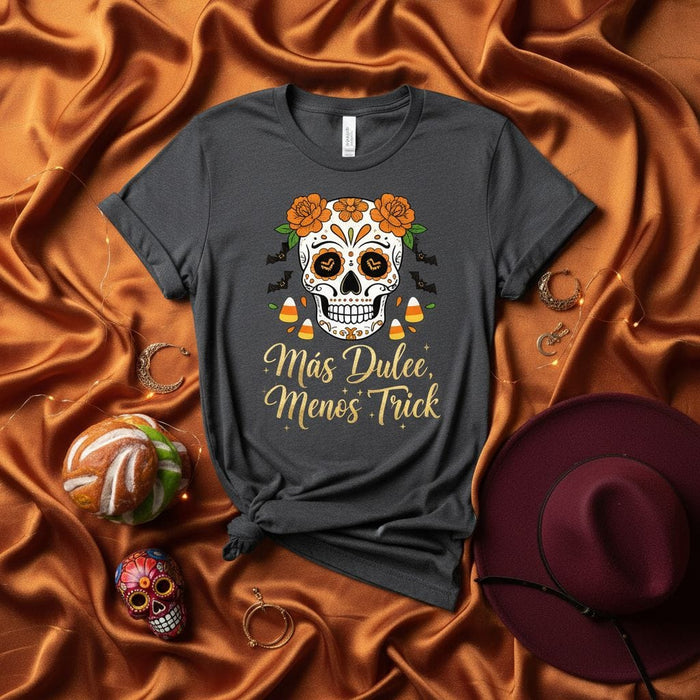 Más Dulce Menos Trick Sugar Skull Day of the Dead Shirt, Dia de los Muertos Calavera Tee, Halloween Candy Corn Bats Graphic T-Shirt, Unisex Floral Skull Design Top Mexicada