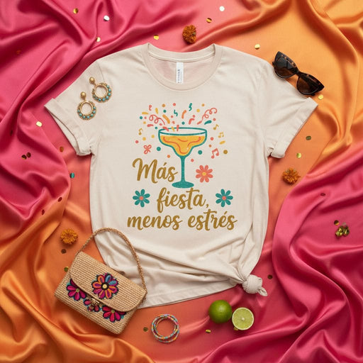 Más Fiesta Menos Estrés T-Shirt, Fun Margarita Confetti Shirt, Cinco de Mayo Party Tee, Casual Spanish Quote Shirt, Festive Summer Drink Graphic Top, Unisex Gift for Tequila Lover Mexicada