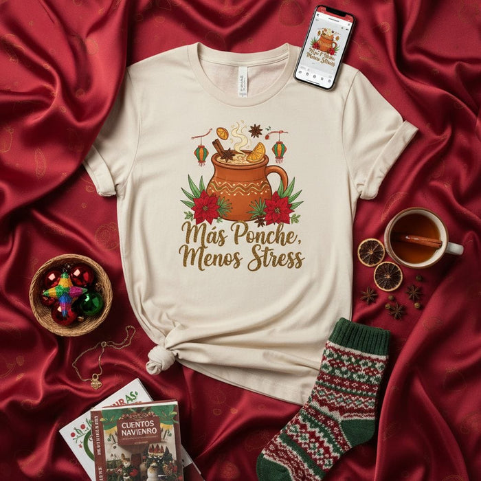 Más Ponche, Menos Stress Christmas T-Shirt, Winter Holiday Fiesta Puncho Navideño Mug Design, Funny Spanish Xmas Gift Tee, Cozy Poinsettia Lantern Graphic Shirt Mexicada