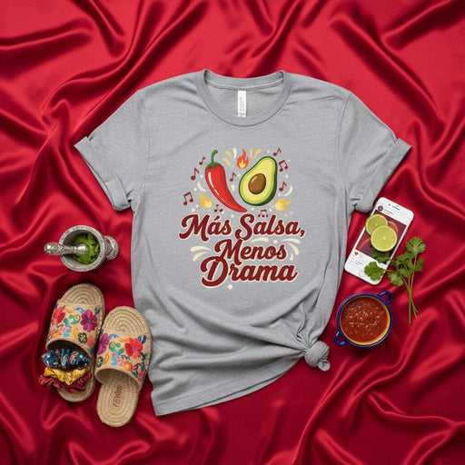 Más Salsa, Menos Drama T-Shirt, Funny Mexican Food Lover Tee with Chili Pepper and Avocado Graphic, Spanish Quote Fiesta Shirt, Unisex Mexicada