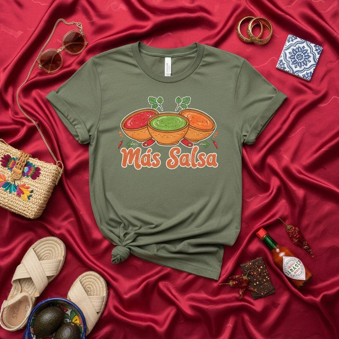Más Salsa T-Shirt for Men & Women, Funny Mexican Food Lover Tee with Red Green Orange Chile Salsa Bowls, Spicy Cinco de Mayo Fiesta Gift, Unisex Graphic Shirt Mexicada