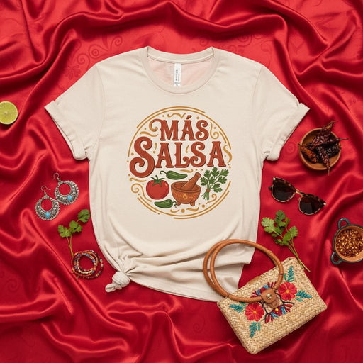 Más Salsa T-Shirt with Tomato, Jalapeño, Cilantro, and Molcajete Graphic | Mexican Foodie Tee for Salsa Lovers | Unisex Cinco de Mayo or Taco Night Shirt Mexicada