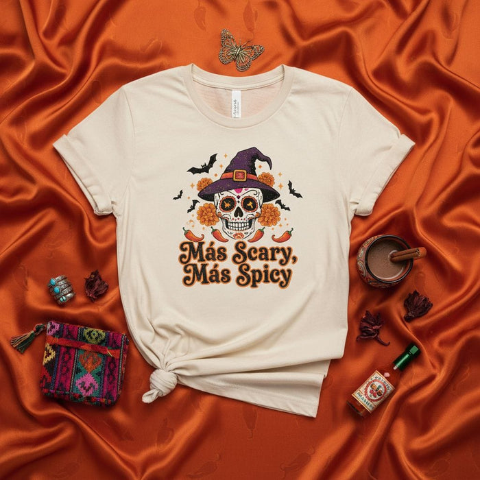 Más Scary, Más Spicy Day of the Dead Sugar Skull Witch Halloween T-Shirt, Unisex Graphic Tee with Calavera and Bats, Fall Spooky Season Apparel Mexicada