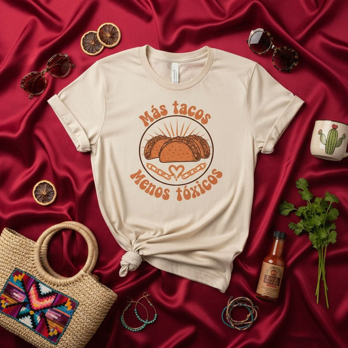 Más tacos Menos tóxicos T-Shirt, Funny Spanish Mexican Food Lover Tee, Cute Taco Graphic Unisex Shirt, Anti-Toxic Positive Vibes Gift for Friends and Family Mexicada