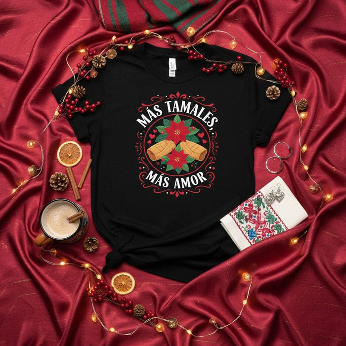 Más Tamales Más Amor T-Shirt | Holiday Mexican Food Poinsettia Christmas Tee | Unisex Latinx Shirt with Tamal and Piloncillo Iconography Mexicada