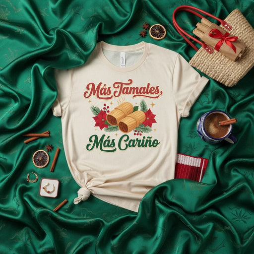 Más Tamales Más Cariño T-Shirt | Funny Holiday Christmas Tamale Shirt | Cute Poinsettia Spanish Quote Tee | Festive Food Lover Gift | Unisex Short-Sleeve Top Mexicada