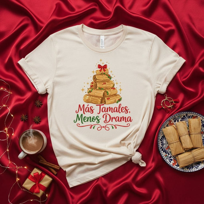 Más Tamales, Menos Drama Christmas Tree Shirt, Funny Holiday Tamale Lover Tee, Mexican Food Xmas Gift, Festive Unisex T-Shirt Mexicada