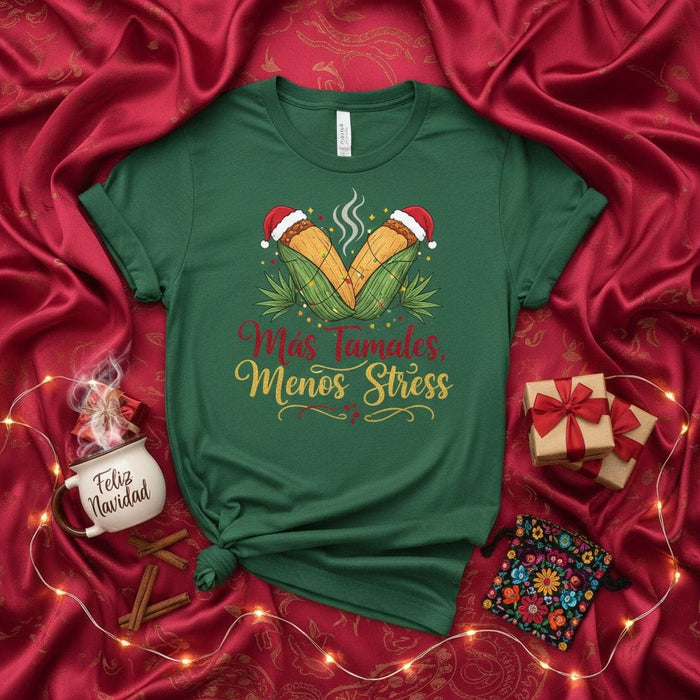 Más Tamales Menos Stress Christmas T-Shirt, Funny Holiday Shirt with Tamales in Santa Hats, Mexican Food Xmas Tee, Feliz Navidad Gift, Cute Hispanic Cultural Winter Season Apparel Mexicada
