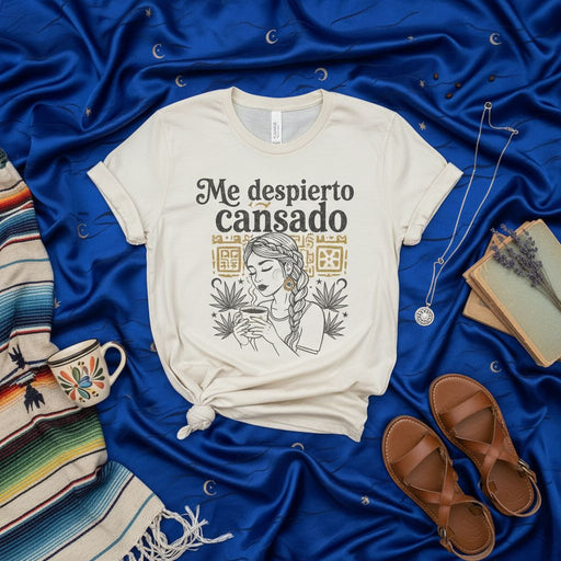 Me despierto cansado T-Shirt | Spanish Phrase Tee | Tired Every Morning | Woman Drinking Coffee | Unisex Crew Neck Graphic Shirt Mexicada