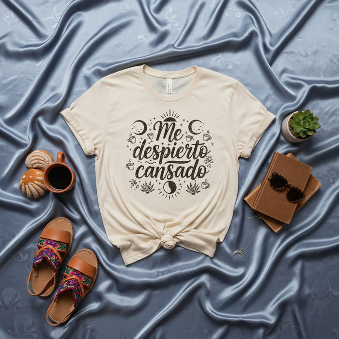 Me Despierto Cansado T-Shirt, Spanish Quote Tee, Tired Waking Up Shirt, Celestial Moon Sun Coffee Weed Leaf Design, Unisex Graphic Top Mexicada