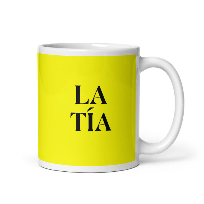 La Tía The Aunt / The Uncle Funny Home Office Work Coffee Mug Mexican Spanish Pride Gift White Glossy Cup Yellow Card Mug Mexicada 11 oz