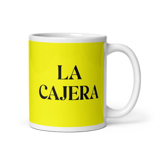 La Cajera The Cashier Funny Home Office Work Coffee Mug Mexican Spanish Pride Gift White Glossy Cup Yellow Card Mug Mexicada 11 oz
