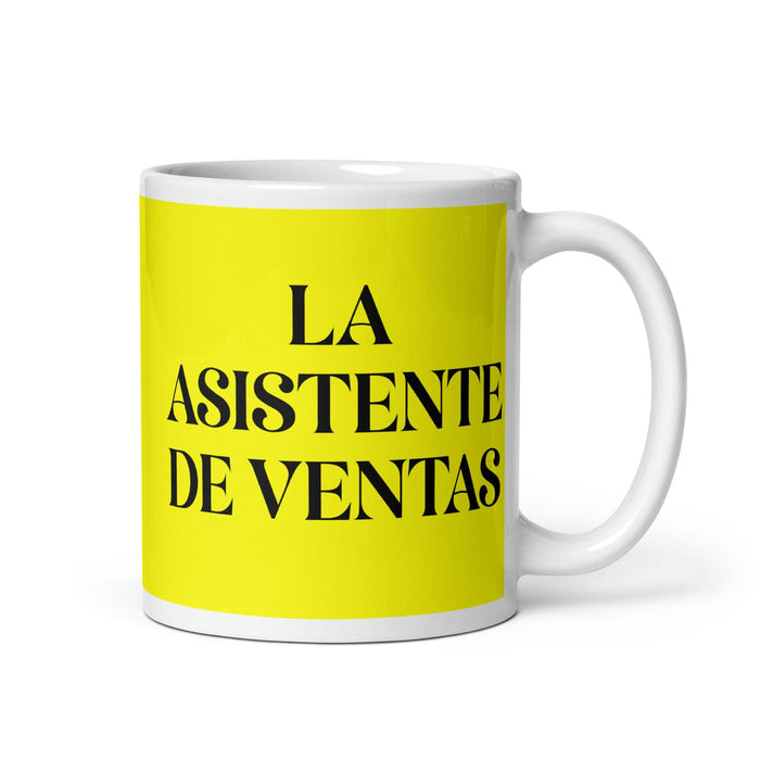 La Asistente De Ventas The Sales Assistant Funny Home Office Work Coffee Mug Mexican Spanish Pride Gift White Glossy Cup Yellow Card Mug Mexicada 11 oz