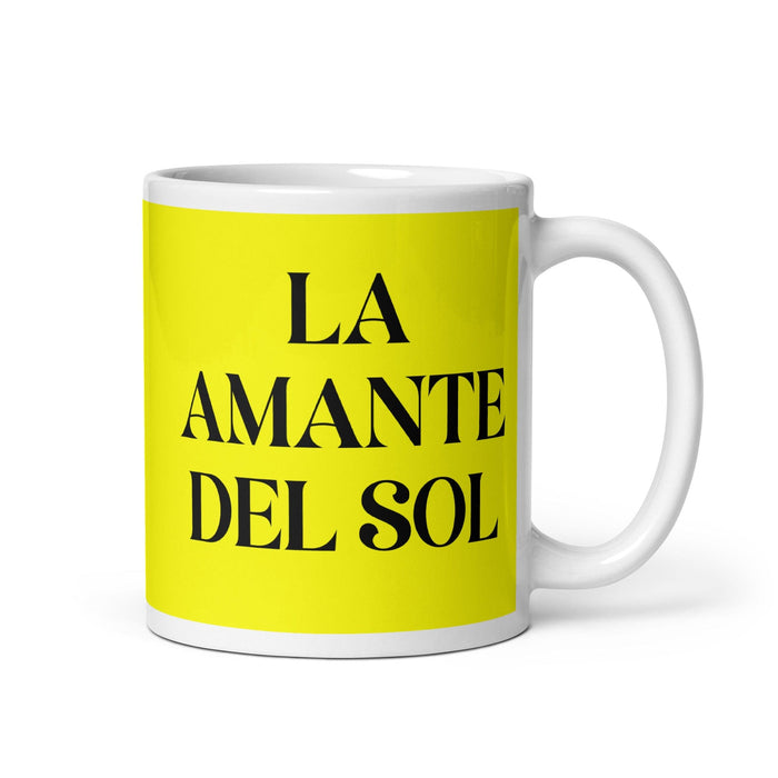 La Amante Del Sol The Sun Lover Funny Home Office Work Coffee Mug Mexican Spanish Pride Gift White Glossy Cup Yellow Card Mug Mexicada 11 oz