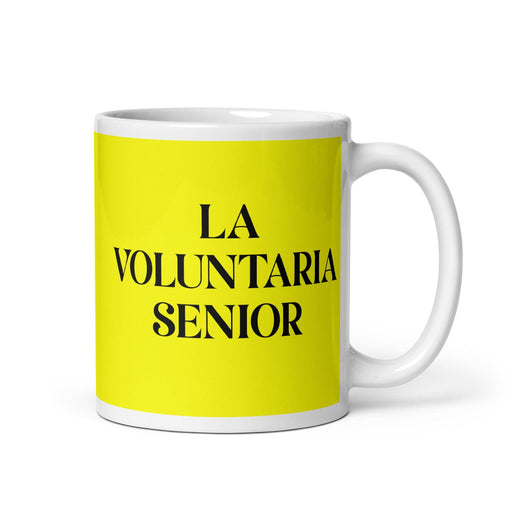La Voluntaria Senior The Senior Volunteer Funny Home Office Work Coffee Mug Mexican Spanish Pride Gift White Glossy Cup Yellow Card Mug Mexicada 11 oz