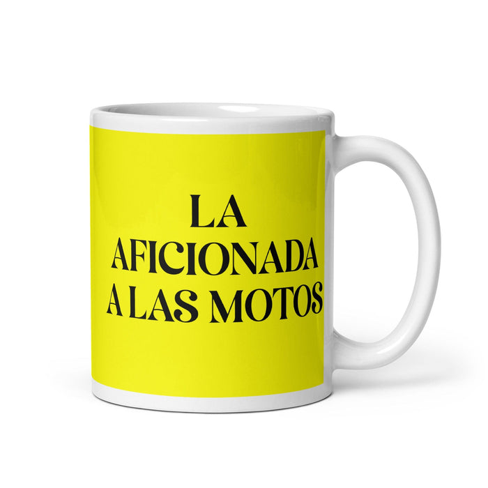 La Aficionada A Las Motos The Motorcycle Enthusiast Funny Home Office Work Coffee Mug Mexican Spanish Pride Gift White Glossy Cup Yellow Card Mug Mexicada 11 oz