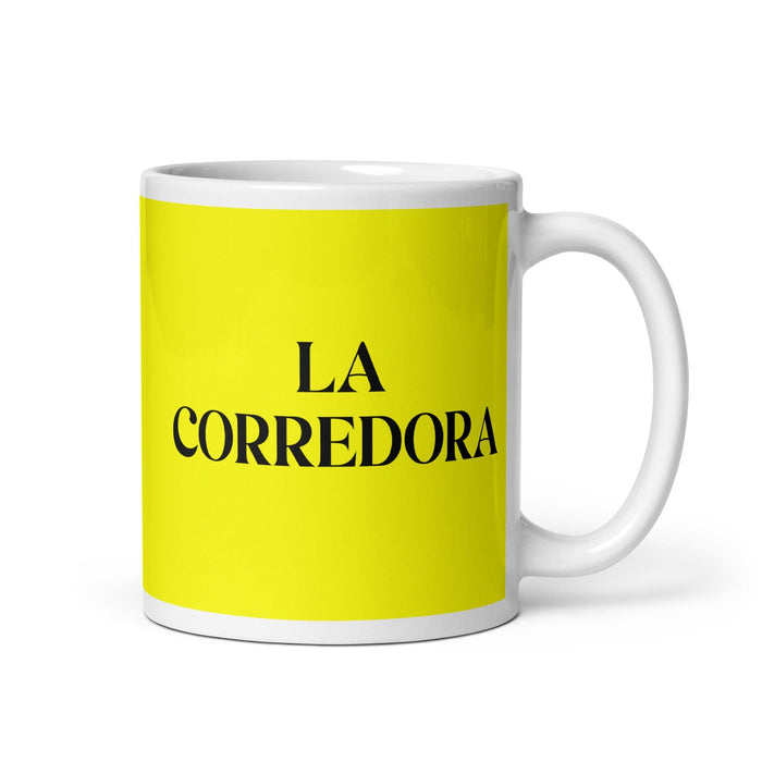 La Corredora The Runner Funny Home Office Work Coffee Mug Mexican Spanish Pride Gift White Glossy Cup Yellow Card Mug Mexicada 11 oz