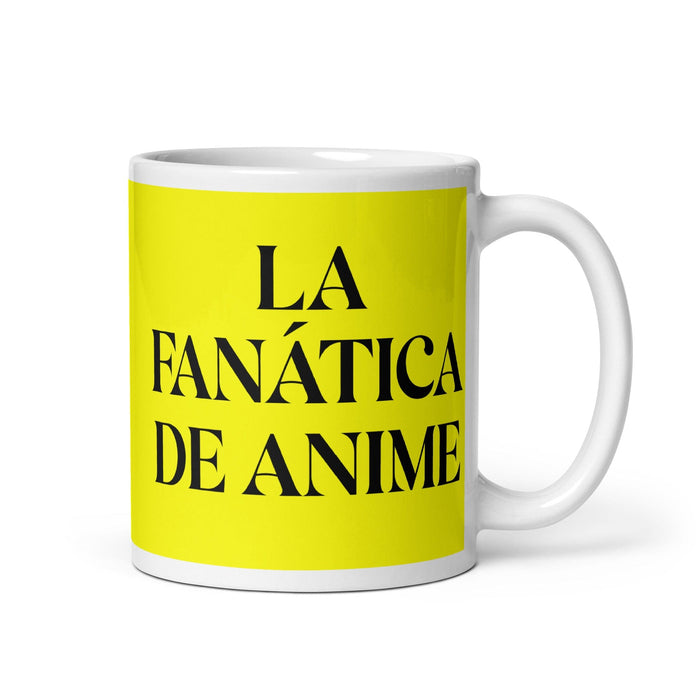 La Fanática De Anime The Anime Fan Funny Home Office Work Coffee Mug Mexican Spanish Pride Gift White Glossy Cup Yellow Card Mug Mexicada 11 oz