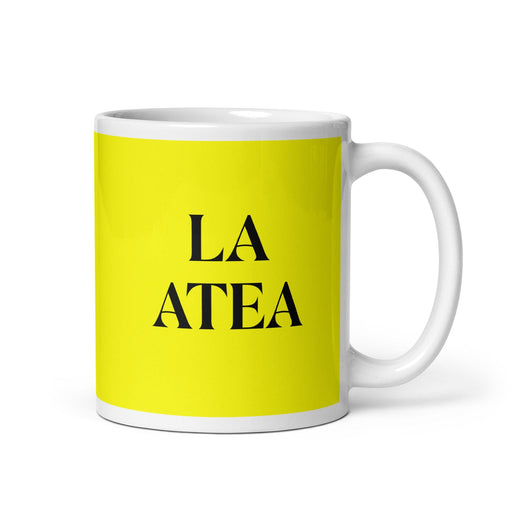 La Atea The Atheist Funny Home Office Work Coffee Mug Mexican Spanish Pride Gift White Glossy Cup Yellow Card Mug Mexicada 11 oz