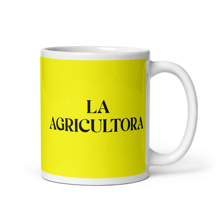 La Agricultora The Farmer Funny Home Office Work Coffee Mug Mexican Spanish Pride Gift White Glossy Cup Yellow Card Mug Mexicada 11 oz