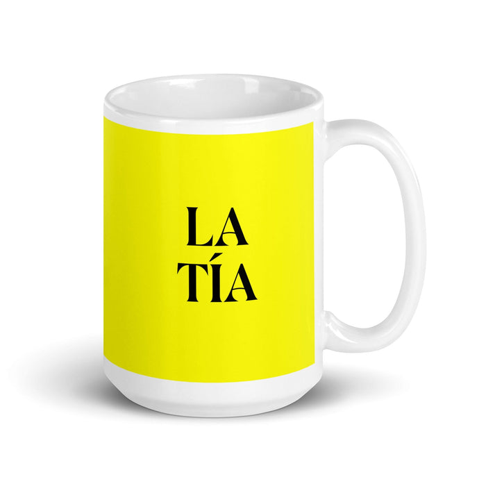 La Tía The Aunt / The Uncle Funny Home Office Work Coffee Mug Mexican Spanish Pride Gift White Glossy Cup Yellow Card Mug Mexicada 15 oz