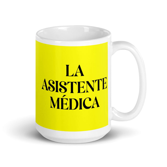 La Asistente Médica The Medical Assistant Funny Home Office Work Coffee Mug Mexican Spanish Pride Gift White Glossy Cup Yellow Card Mug Mexicada 15 oz