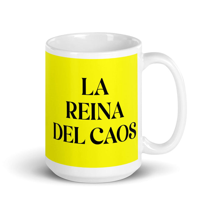 La Reina Del Caos The Queen Of Chaos / The King Of Chaos Funny Home Office Work Coffee Mug Mexican Spanish Pride Gift White Glossy Cup Yellow Card Mug Mexicada 15 oz