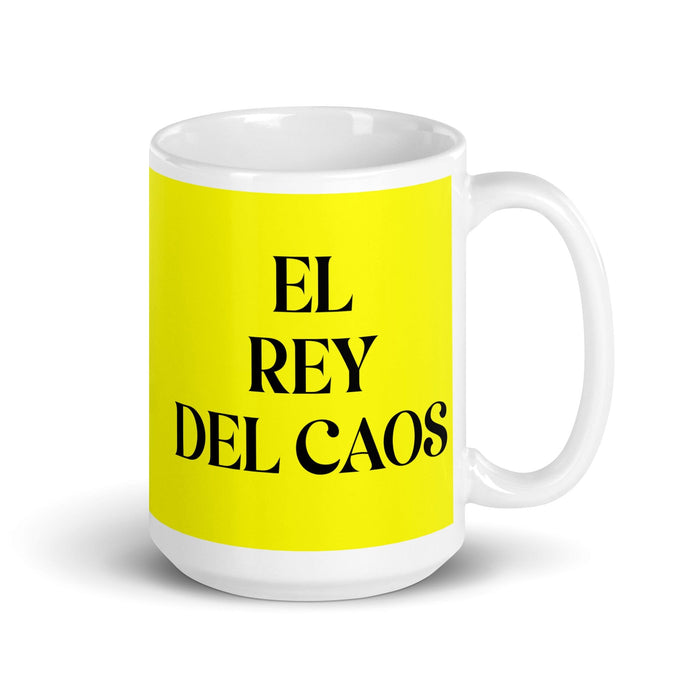 El Rey Del Caos The Queen Of Chaos / The King Of Chaos Funny Home Office Work Coffee Mug Mexican Spanish Pride Gift White Glossy Cup Yellow Card Mug Mexicada 15 oz