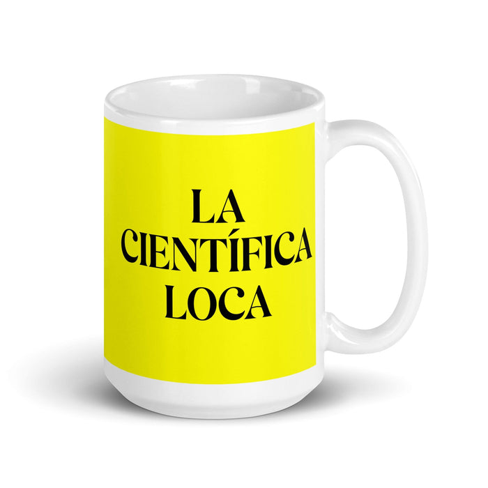 La Científica Loca The Mad Scientist Funny Home Office Work Coffee Mug Mexican Spanish Pride Gift White Glossy Cup Yellow Card Mug Mexicada 15 oz