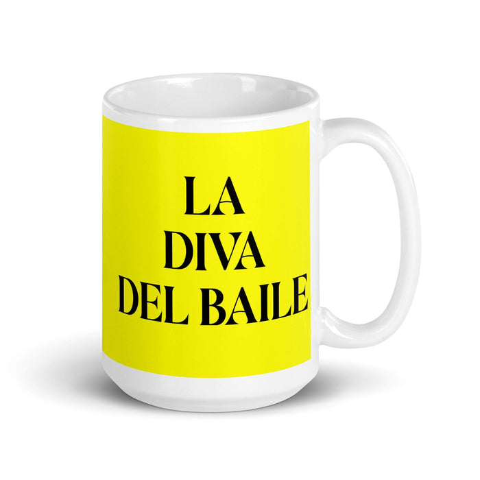 La Diva Del Baile The Dance Diva Funny Home Office Work Coffee Mug Mexican Spanish Pride Gift White Glossy Cup Yellow Card Mug Mexicada 15 oz