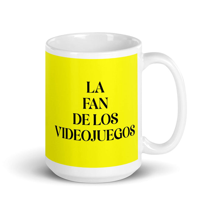 La Fan De Los Videojuegos The Video Game Fan Funny Home Office Work Coffee Mug Mexican Spanish Pride Gift White Glossy Cup Yellow Card Mug Mexicada 15 oz