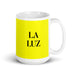 La Luz The Light Funny Home Office Work Coffee Mug Mexican Spanish Pride Gift White Glossy Cup Yellow Card Mug Mexicada 15 oz