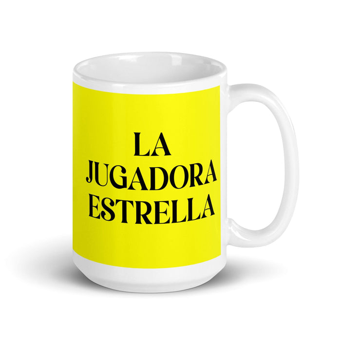 La Jugadora Estrella The Star Player Funny Home Office Work Coffee Mug Mexican Spanish Pride Gift White Glossy Cup Yellow Card Mug Mexicada 15 oz