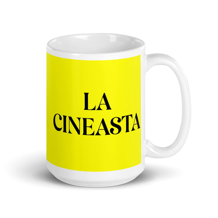 La Cineasta The Filmmaker Funny Home Office Work Coffee Mug Mexican Spanish Pride Gift White Glossy Cup Yellow Card Mug Mexicada 15 oz