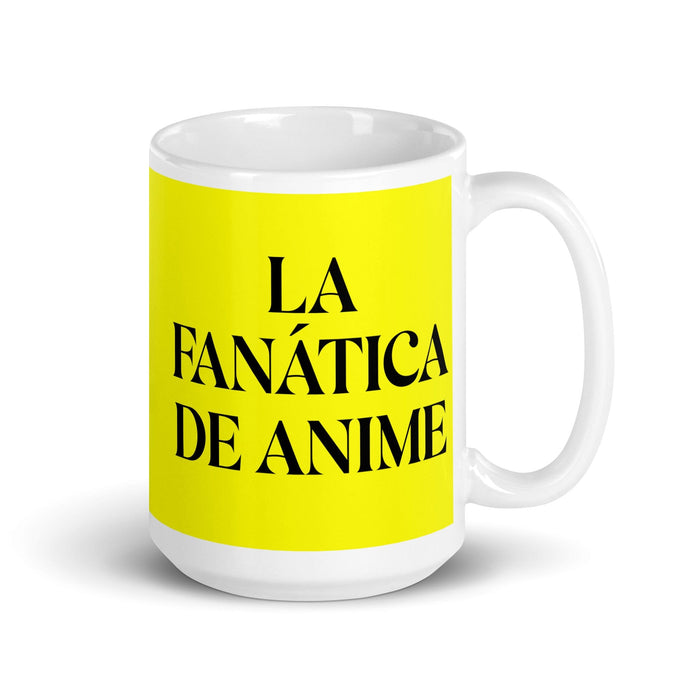 La Fanática De Anime The Anime Fan Funny Home Office Work Coffee Mug Mexican Spanish Pride Gift White Glossy Cup Yellow Card Mug Mexicada 15 oz